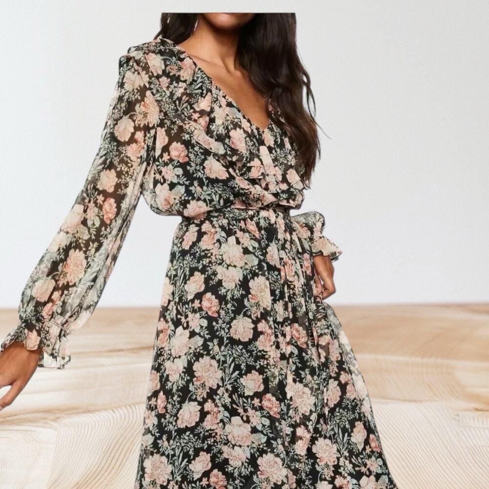 Mango MNG Maxi Dress Sz 8 Black Floral Print Ruffles Sheer Romantic‎ Fairy Core